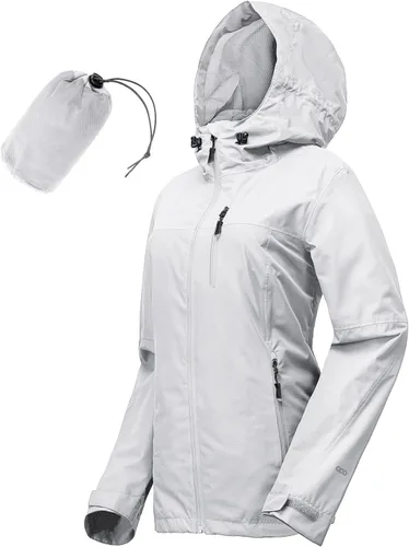 Vista 9 de Chaqueta impermeable plegable para mujer 33,000ft, ligera, impermeable, con capucha, para ciclismo y bicicleta, cortavientos Tono aguamarina