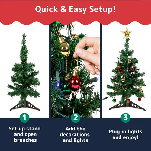 Vista 4 de PREXTEX - Mini árbol de Navidad de 23 pulg DIY con luces - Pequeños adornos de Navidad de mesa Árbol de Navidad de mesa con luces LED multicolor