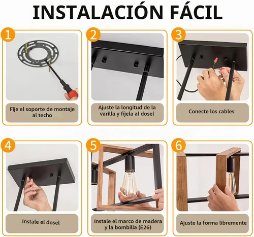 Vista 9 de Lámpara colgante de comedor de granja, para isla de cocina, rústica, 4 luces, madera y metal negro, lámpara rectangular para colgar en el techo
