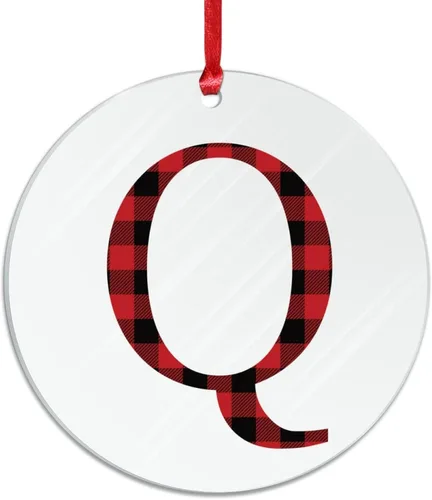 Vista 2 de Adorno de Navidad con monograma personalizado de la letra Q de Navidad, a cuadros rojos y negros, decoraciones de árbol de Navidad, adornos