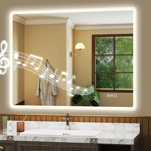 Vista 9 de S'bagno Espejo de baño LED de 32 x 24 pulgadas con luces, altavoz Bluetooth, antivaho e impermeable, espejo de pared regulable con control táctil, 3