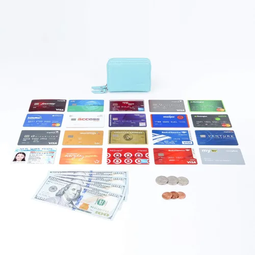 Vista 6 de Billeteras de cuero para mujer con doble cremallera RFID bloqueo bolsillo para monedas