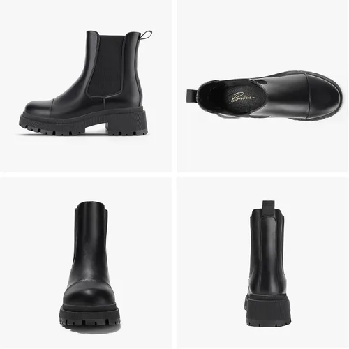 Vista 7 de Botas Chelsea para mujer, con suela de lengüeta, botines de tacón grueso sin cordones