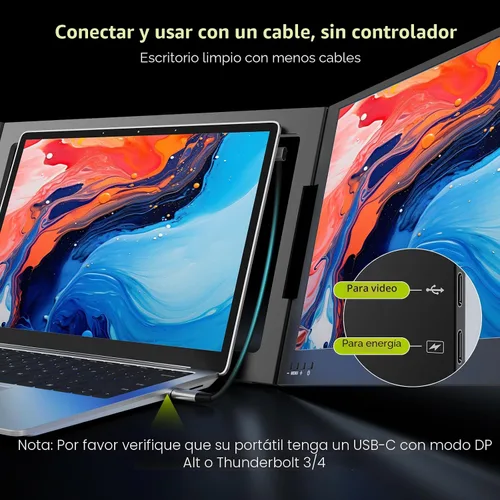 Vista 3 de QQH Extensor de pantalla para laptop, extensor de monitor de portátil USB C Negro