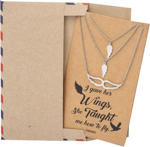 Vista 4 de quan jewelry Collar de ala de ángel, juego de 3 collares con dije, regalos para madre, hija, hermana con tarjeta de cita inspiradora, hecho a mano