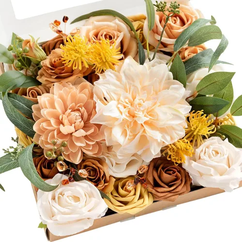 Vista 30 de Ling's moment Caja de Flores Falsas, Tallos de Vegetación Artificial Falsa Rosas de Espuma Dalia Hortensia de Seda Peonía Flor de Tela para Centros