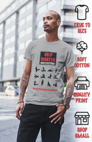 Vista 2 de ShirtBANC Help Wanted - Camisetas divertidas para hombre, comedia, muchas posiciones disponibles