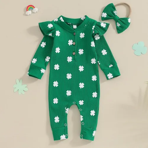 Vista 3 de Beautooly Trajes irlandeses para bebé niña, lindo mameluco de manga larga con lazo para la cabeza, día de San Patricio, ropa para recién nacida