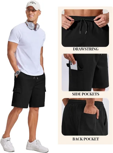 Vista 4 de COOFANDY Pantalones cortos cargo de sarga de algodón para hombre, con cordón elástico, cintura elástica, casual, con 5 bolsillos