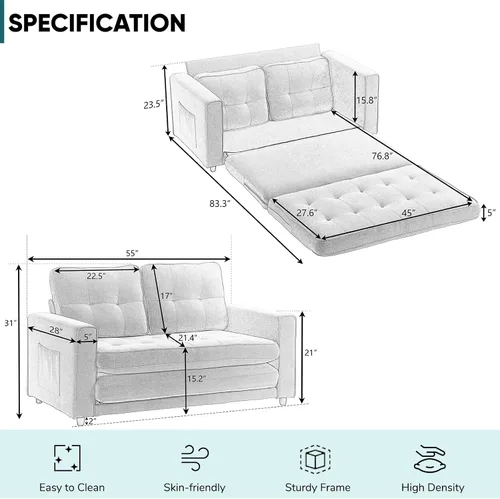 Vista 2 de JOYBASE Sofá cama extraíble, moderno sofá cama convertible tapizado extraíble, sofá cama para sala de estar (beige, tela)