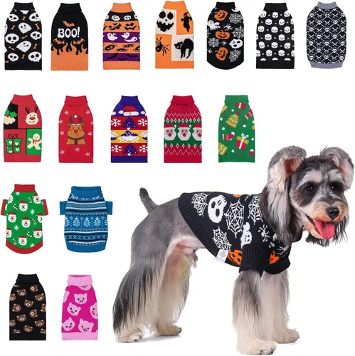 Vista 14 de CuteBone Suéter de calavera de Halloween para perros pequeños, cuello alto, ropa de invierno para mascotas, ropa de gato con agujero para arnés