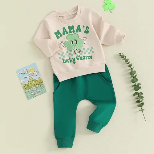 Vista 2 de Lucikamy Conjunto de sudadera con estampado de letras para el día de San Valentín para bebé, niño y niña, conjunto de sudadera + pantalones
