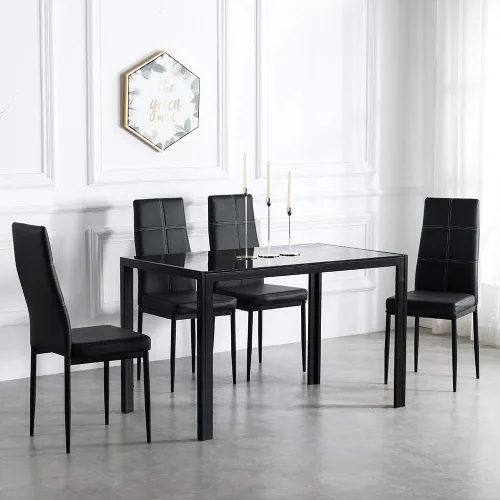 Vista 9 de Juego de mesa de comedor de 5 piezas, moderno juego de mesa de comedor negro para 4, mesa de comedor de cocina de vidrio templado con 4 sillas