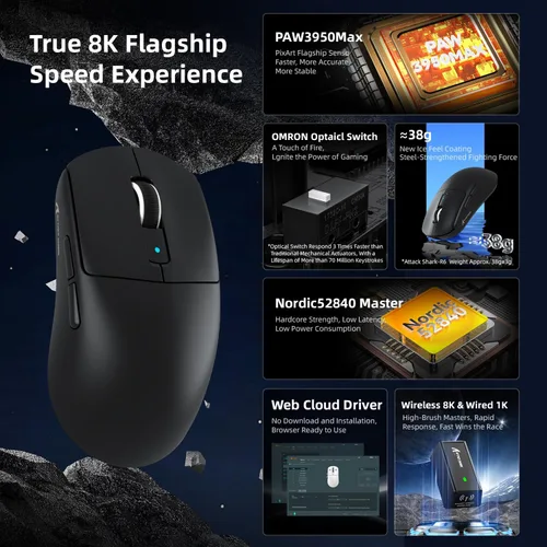 Vista 6 de ATTACK SHARK R6 - Ratón inalámbrico para juegos, 38G ultra ligero modo de viaje 2.4G/USB-C/Bluetooth para juegos con sensor PAW3950MAX, 42000 DPI