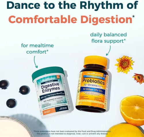 Vista 7 de NewRhythm Enzimas digestivas de 490 mg, con probióticos y prebióticos, a base de plantas, 7 enzimas clave, digestión, absorción de nutrientes