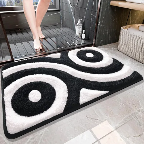 Vista 2 de QJHOMO Alfombras de Baño Lindas en Blanco y Negro Antideslizantes Tapete de Baño Decoración de Baño Moderna Estética, Alfombra de Baño Geométrica a