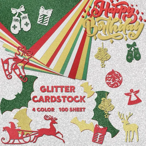 Vista 4 de Yeaqee 100 hojas de papel de cartulina con purpurina de Navidad, papel de regalo metálico de 8.5 x 11 pulgadas, cartulina pesada de 8.82 oz/m²