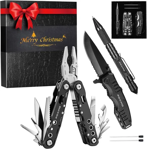 Vista 12 de Juego de regalo multiherramienta para hombres, para papá, él, kit de supervivencia EDC 3 en 1 con alicates múltiples 14 en 1, cuchillo de bolsillo