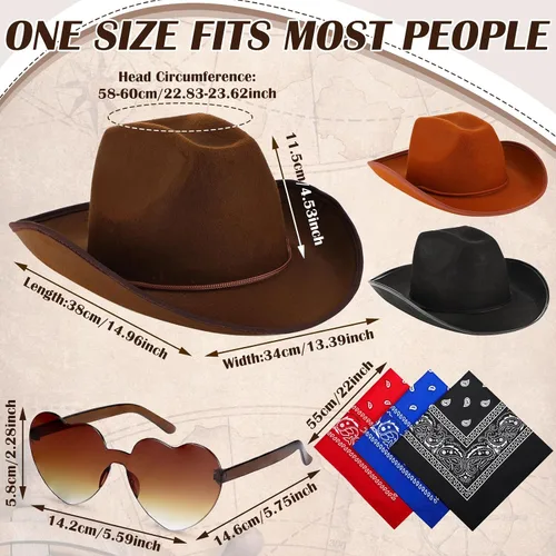 Vista 2 de Geyoga 9 piezas de sombrero de vaquero para adulto con bandana de vaquero y gafas para disfraz del oeste, accesorio para hombres y mujeres
