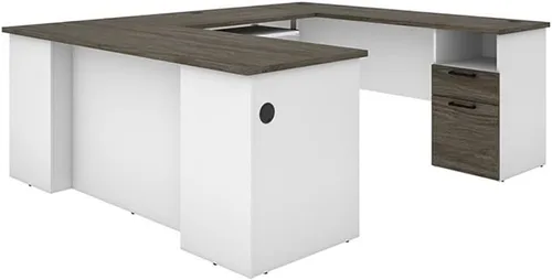 Vista 10 de Pemberly Row Escritorio moderno de madera en forma de L para computadora en nogal gris/blanco