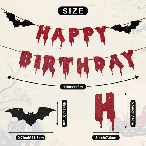 Vista 3 de Cartel rojo brillante de Halloween de Feliz Cumpleaños – Guirnalda de papel colgante de Halloween Banderines Banner Bloody Bat Vampire Decoraciones