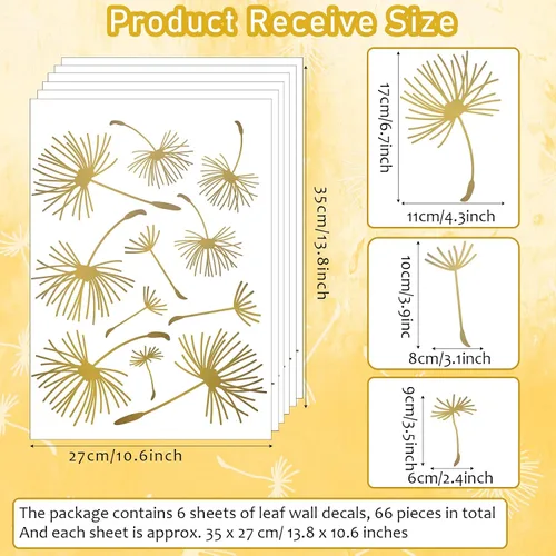 Vista 8 de 66 calcomanías de pared para despegar y pegar, calcomanías de pared de diente de león, murales de flores metálicas, calcomanías de decoración floral
