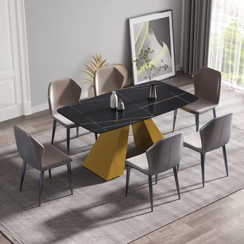Vista 8 de Mesa de comedor moderna de 63 pulgadas, mesa de cocina rectangular con parte superior de piedra de mármol artificial y base de metal dorado, mesa