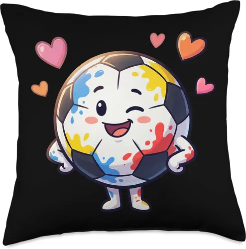 Vista 4 de Adorable Soccer Ball Character Colorful Hearts Throw Pillow