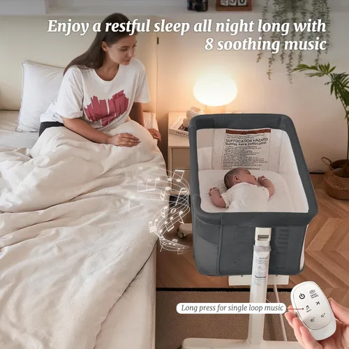 Vista 3 de Moisés mecedor para bebé, moisés eléctrico automático junto a la cama, durmiente junto a la cama para bebé de 5 alturas ajustables para infantes