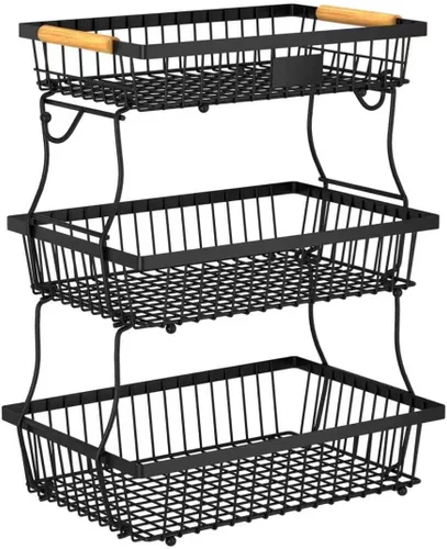 Vista 14 de Cesta de frutas de 2 niveles para encimera de cocina con 2 ganchos para plátanos, cesta de pan de metal para encimera con mango de madera, soporte