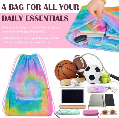 Vista 5 de Mochila de malla con cordón, bolsa de gimnasio deportiva grande para mujeres y niños con bolsillo y cremallera para playa, yoga, fútbol, fútbol