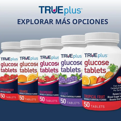Vista 6 de TRUEplus® Tabletas de glucosa, sabor surtido (uva, frambuesa, naranja), botella de 50 unidades (1) Chewable Tablets, 15g Fast-Acting