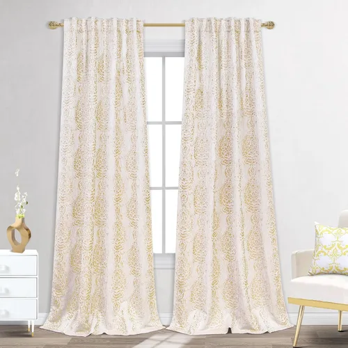 Vista 10 de Mrs.Naturall Cortinas Doradas de Lujo para Dormitorio, Cortinas con Patrón de Medallón Damasco para Cocina Baño Sala de Estar 63 Pulgadas de Largo