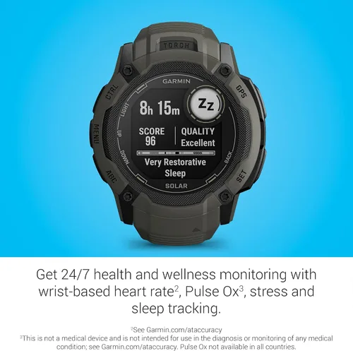 Vista 6 de Garmin Instinct 2X Solar, reloj inteligente GPS resistente, linterna incorporada, capacidad de carga solar, GNSS multibanda, Moss