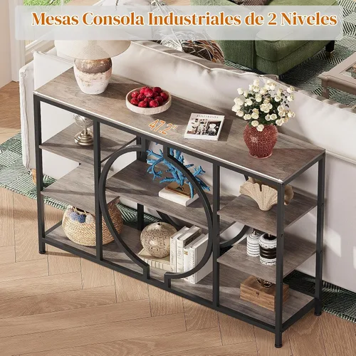 Vista 3 de GiftGo Mesas consola industrial de 47 pulgadas para entrada, mesa de sofá rústica detrás del sofá, estantes de madera de 4 niveles, mesa de entrada