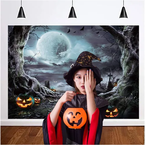 Vista 2 de Telón de fondo de fotografía de Halloween de 7 x 5 pies, horrible farol de calabaza y telón de fondo de noche de luna llena para decoración