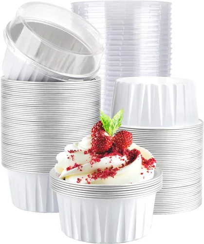 Vista 26 de EUSOAR Vasos para cupcakes con tapas, paquete de 50 forros para magdalenas de 5 onzas de colores surtidos, moldes desechables de papel de aluminio 5
