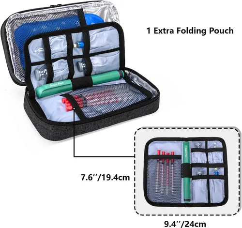 Vista 3 de Yarwo Maletín de viaje con 4 paquetes de hielo, organizador de suministros para diabéticos de doble capa para bolígrafos de insulina, monitores