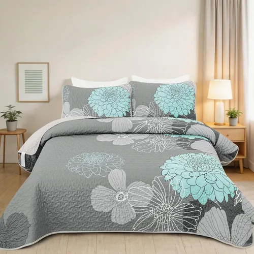 Vista 10 de Anibedding Juego de edredón floral gris y rosa, tamaño Queen, 3 piezas Gris/Rosa
