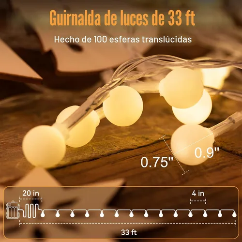 Vista 2 de 100 LEDs 33 pies, cadena de luces, funciona con pilas, guirnalda de luces WERTIOO con control remoto interior/exterior para recámara, Navidad