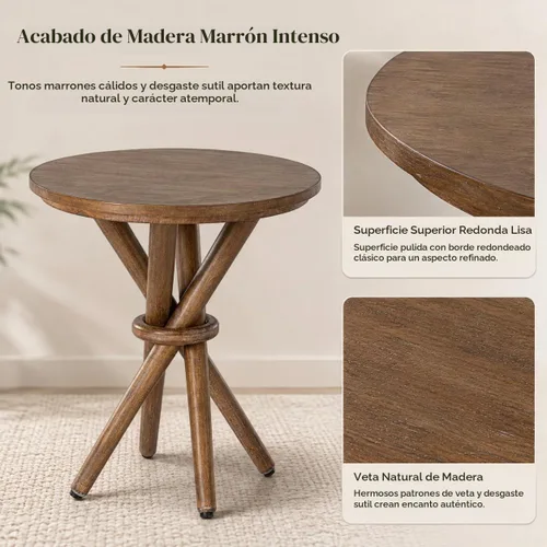 Vista 3 de COZAYH Mesa auxiliar redonda de madera rústica pequeña con patas incluidas