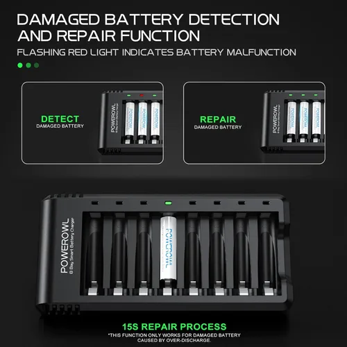 Vista 4 de Powerowl Cargador de Batería de 8 Compartimentos AA AAA, Carga USB de Alta Velocidad, Compartimento Independiente, para Baterías Recargables Ni-MH