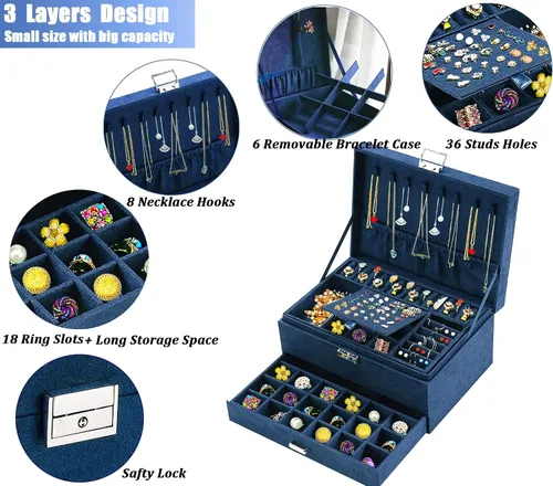 Vista 2 de Joyeros para mujer, organizador de joyas de terciopelo azul marino con cerradura, organizadores de joyas para adolescentes, organizador de joyas