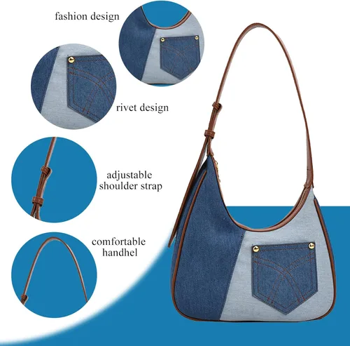 Vista 4 de Extolove Bolsa de mezclilla, monederos de mezclilla de moda para mujer, bolso de hombro de mezclilla Y2K