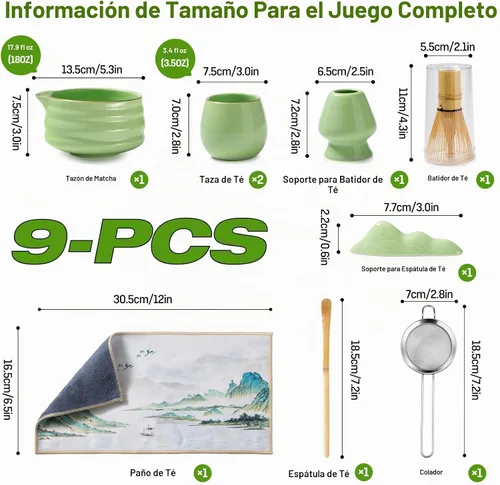Vista 2 de Juego de matcha japonés de 9 piezas, caja de regalo de kit de té de Verde