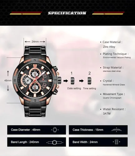 Vista 4 de NAVIFORCE NF9165 Reloj analógico de cuarzo con pulsera de acero inoxidable para hombre