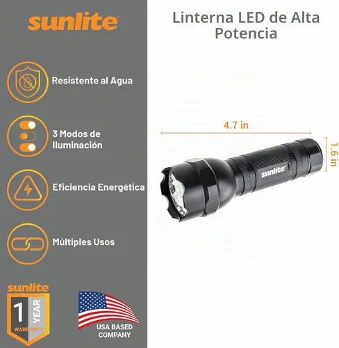 Vista 2 de Sunlite 41780 Linterna LED de alta potencia para exteriores, 3 modos, linterna, luz estroboscópica, luz verde, resistente al agua, de mano, negro, 2