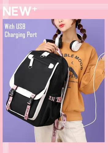 Vista 3 de SodaMeow Mochila Anime Demon Mochila Nezuko Mochila Slayer Bolsa Kimetsu no Yaiba con puerto de carga USB, llavero gratis, Rosa-sabito, Casual