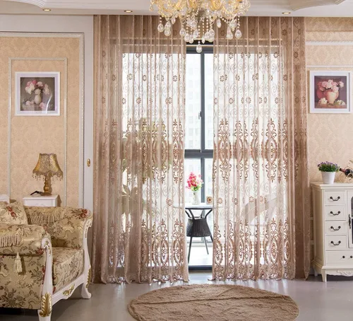Vista 4 de Cortinas semitransparentes de estilo europeo con bolsillo para barra de cortina para sala de estar, dormitorio, baño