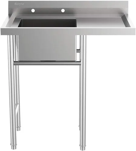 Vista 9 de Bonnlo Fregadero de acero inoxidable 304 con escurridor, fregadero de banco de trabajo de un compartimento, fregadero comercial para restaurante